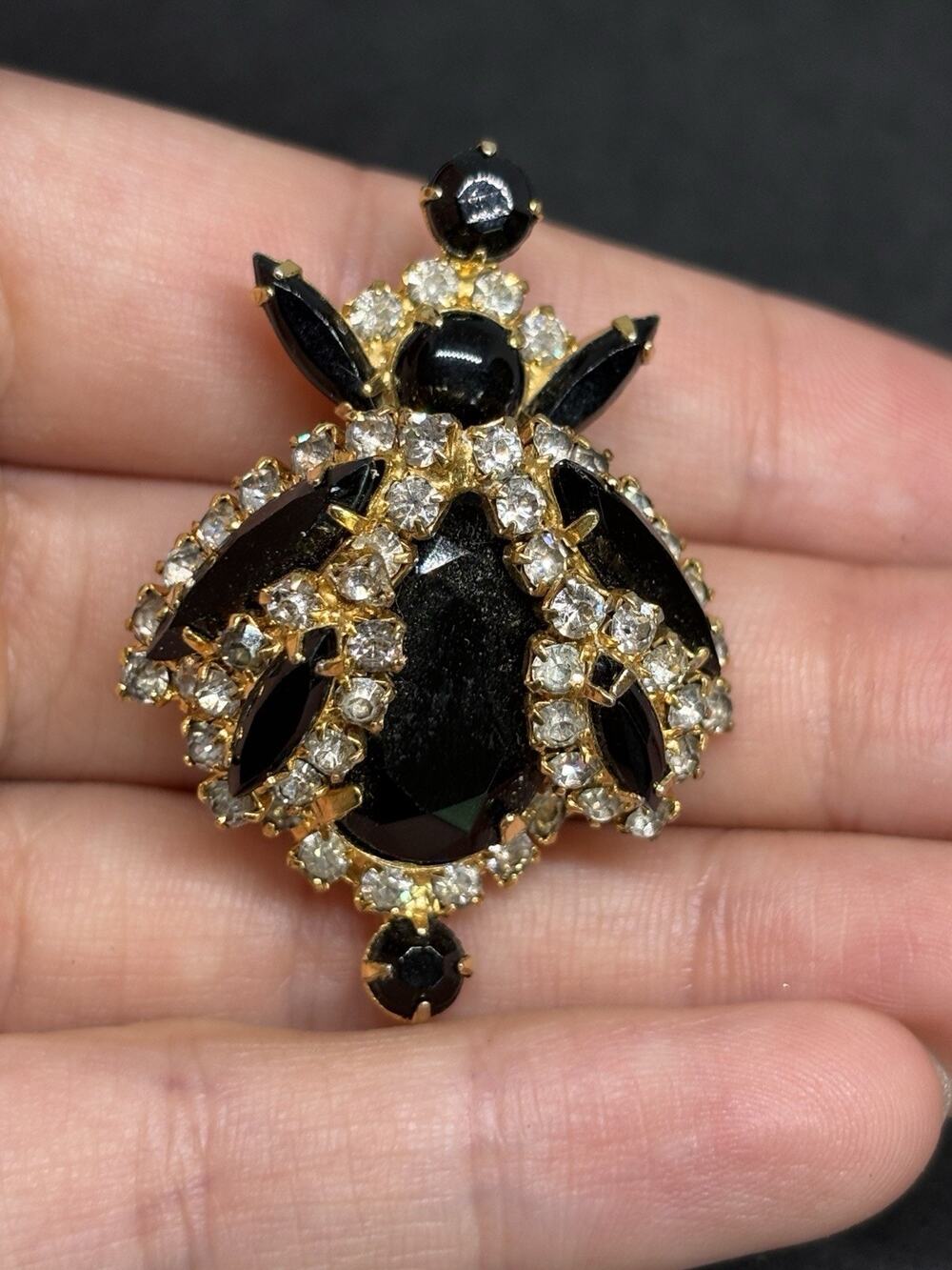 Vintage Juliana Style Black & White Rhinestone Beetle Bug Brooch Pin 1 3/4 Inch